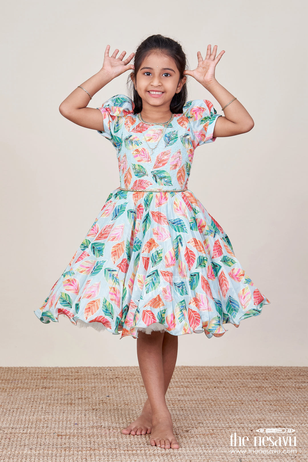 Girls Silk Party Frock with Beads and Leafy Digital Print