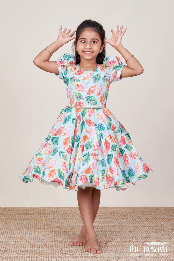 Girls Silk Party Frock with Beads and Leafy Digital Print