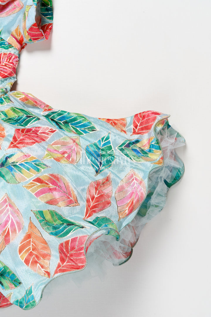 Girls silk party frock with beads and leafy digital print