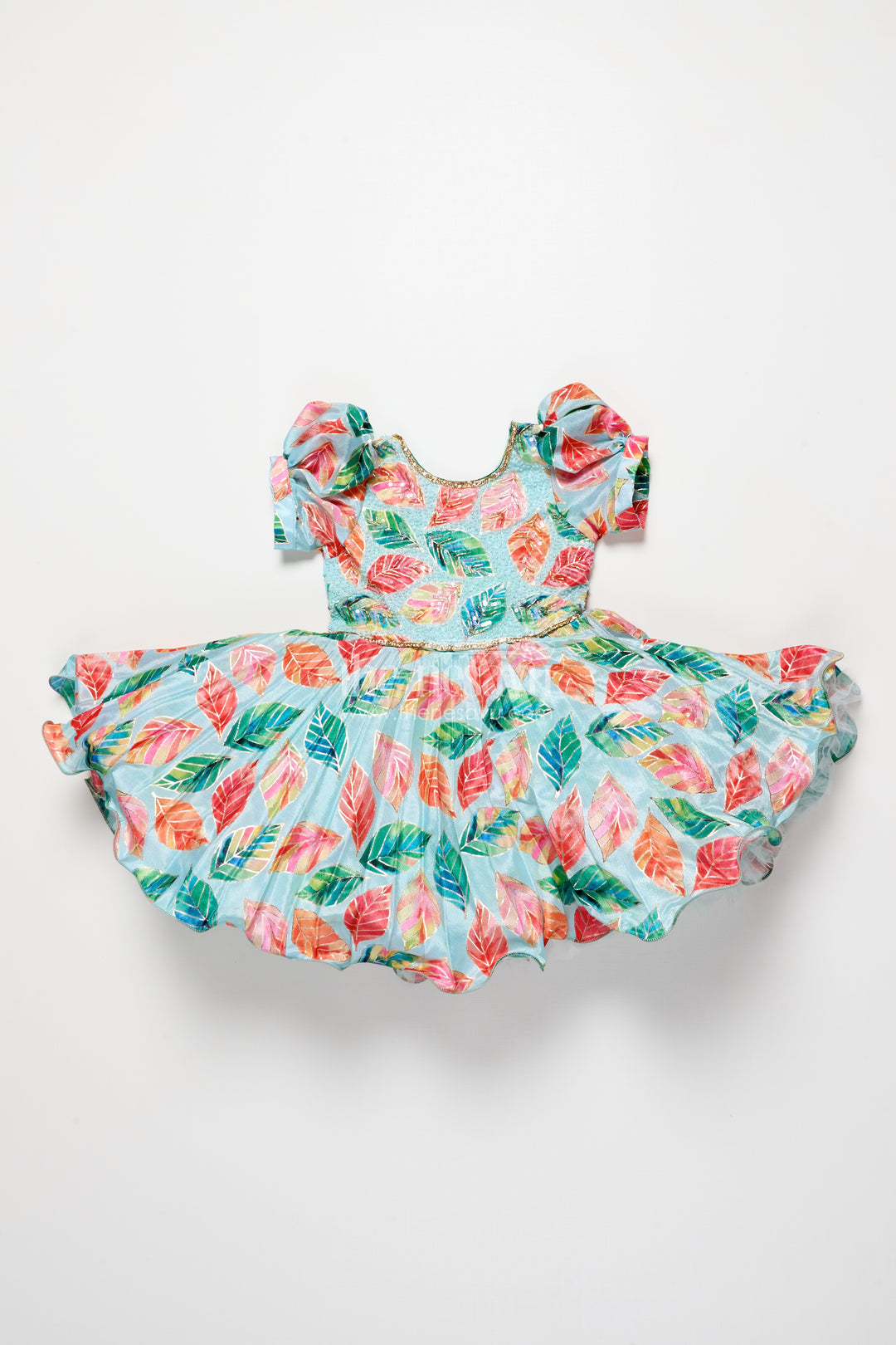 Girls silk party frock with beads and leafy digital print