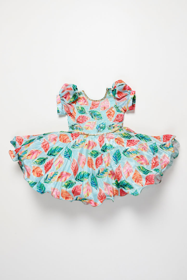 Girls silk party frock with beads and leafy digital print