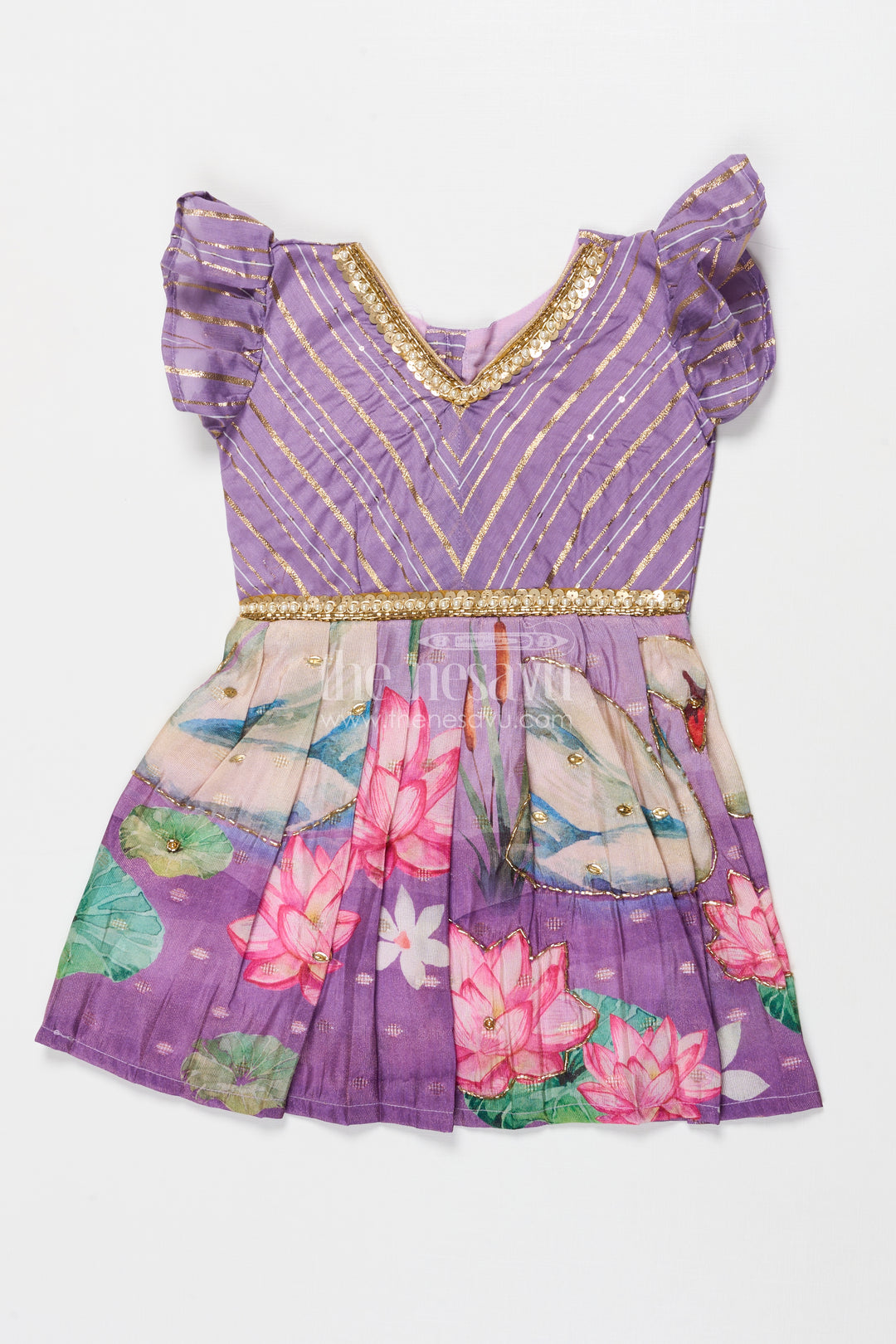 The Nesavu Silk Frock Silk Frock for Baby Girls for Festive Daywear and School Functions Nesavu 16 (1Y) / Purple SF1100A-16 Nesavu baby girl silk frock with puff sleeves and lotus print – perfect for cultural events and festive wear