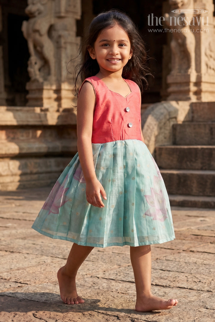 Sleeveless Silk Frock for Baby Girls with Lotus Print for Festive Wear