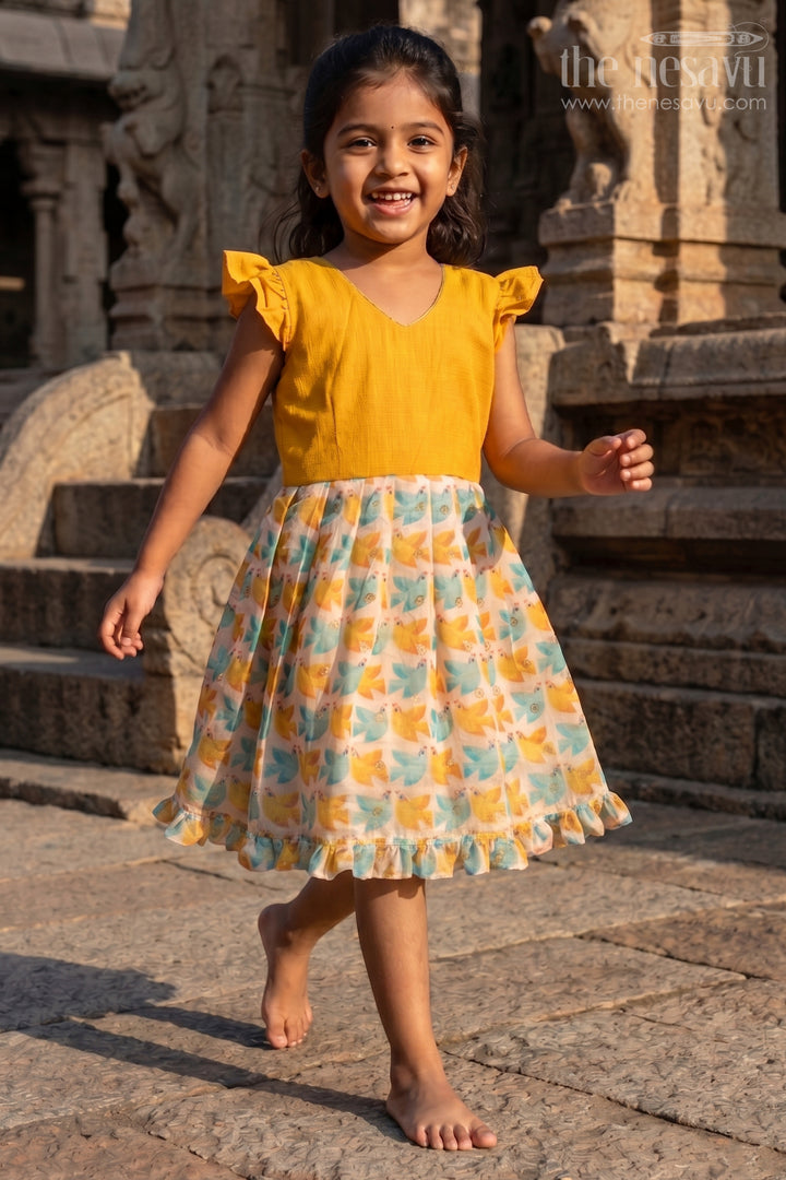 Baby Girl Chanderi Silk Frock with Bird Print for Birthdays and Day Outings