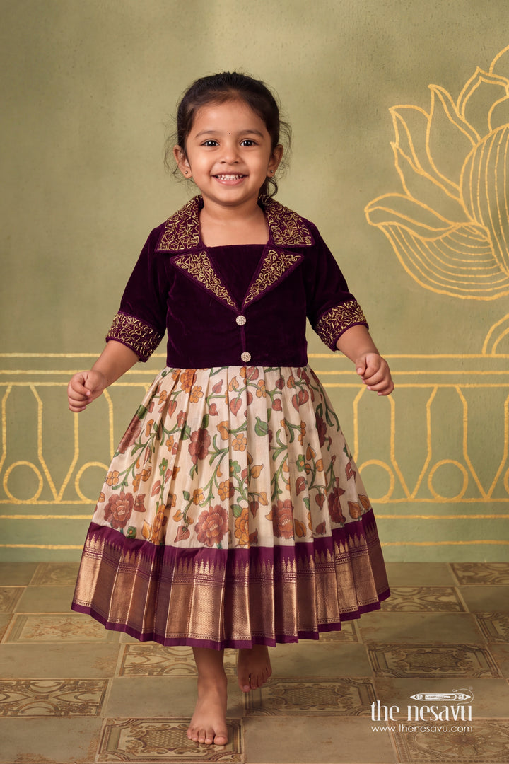 Girls Silk Party Frock in Purple with Thread Embroidery