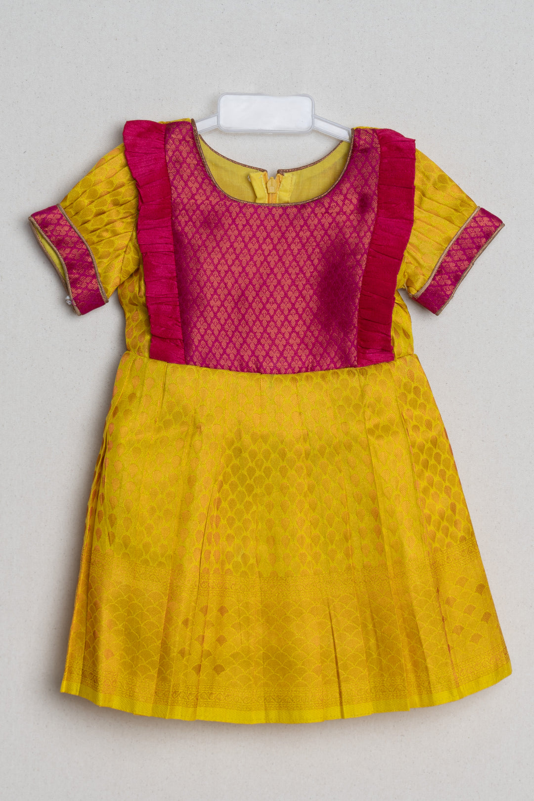 Vibrant Yellow Pink Banarasi Soft Silk / Pattu Frocks For Toddler Girl With Ruffle Yoke