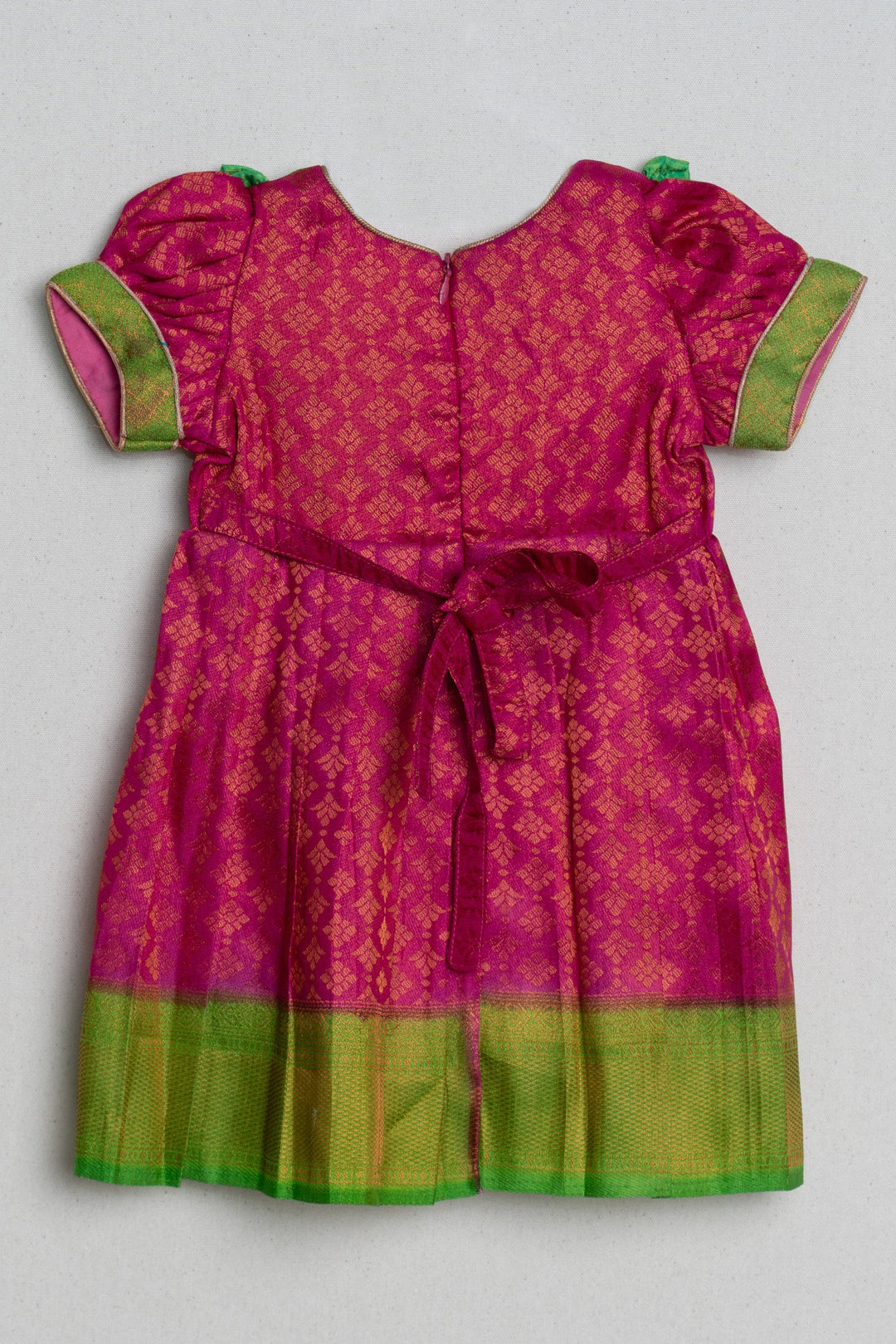 Pink with Parrot Green Light Weight Soft Banarasi Pattu / Silk Frock for Little Girls