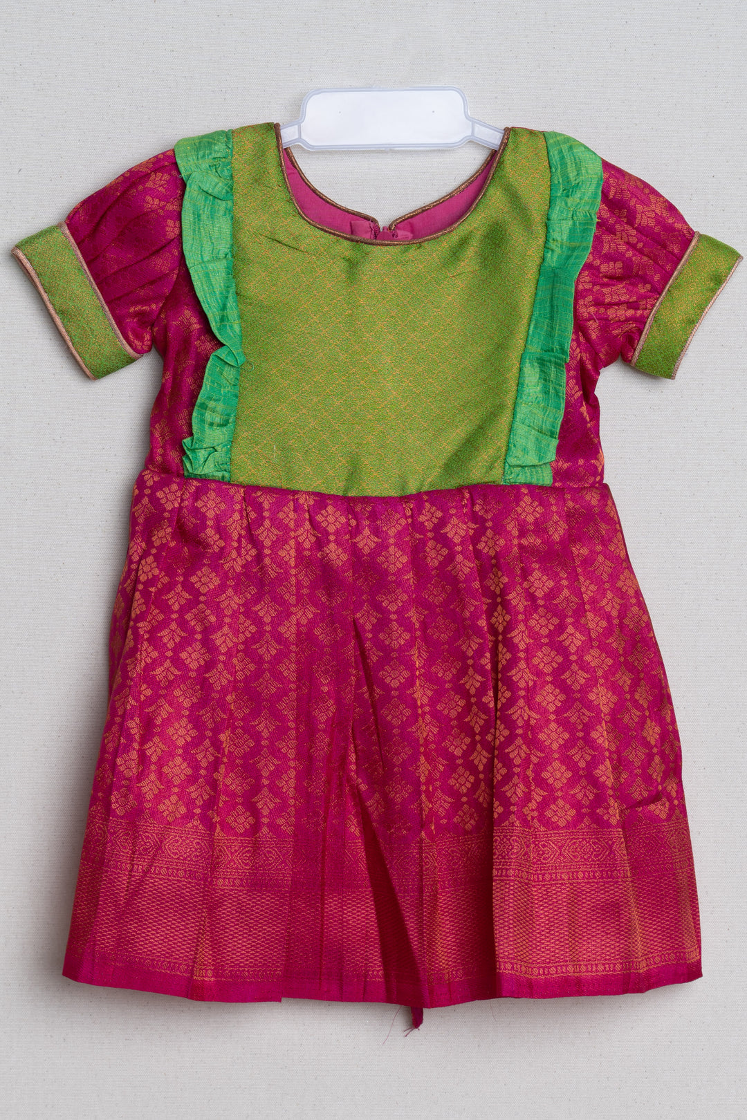 Pink with Parrot Green Light Weight Soft Banarasi Pattu / Silk Frock for Little Girls