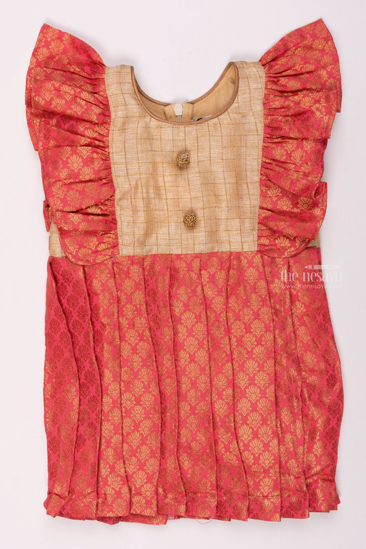 Traditional Silk Frock for Girls with Ruffled Sleeves and Pleated Skirt Design