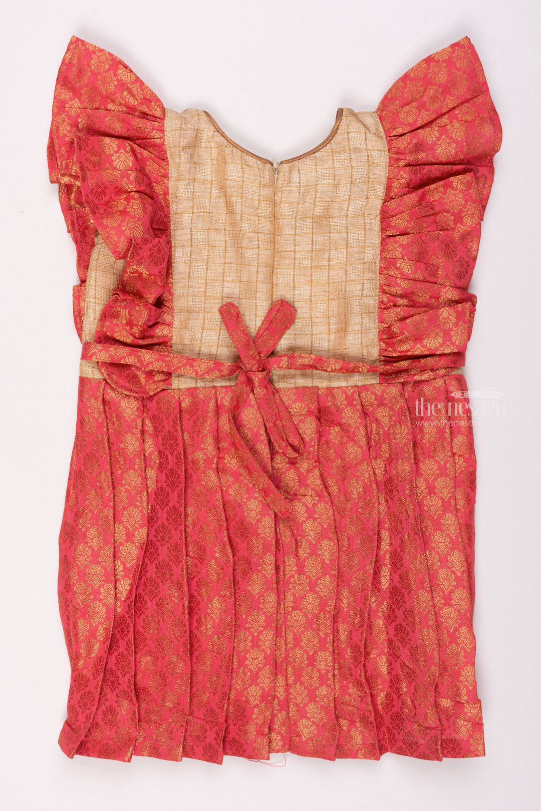 Traditional Silk Frock for Girls with Ruffled Sleeves and Pleated Skirt Design