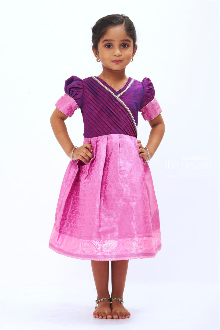 Girls Party Silk Frock in Vibrant Purple and Pink with Pearl Detailing