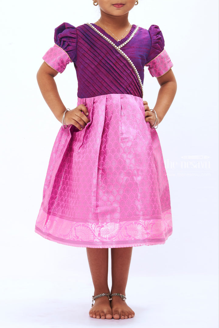 Girls Party Silk Frock in Vibrant Purple and Pink with Pearl Detailing