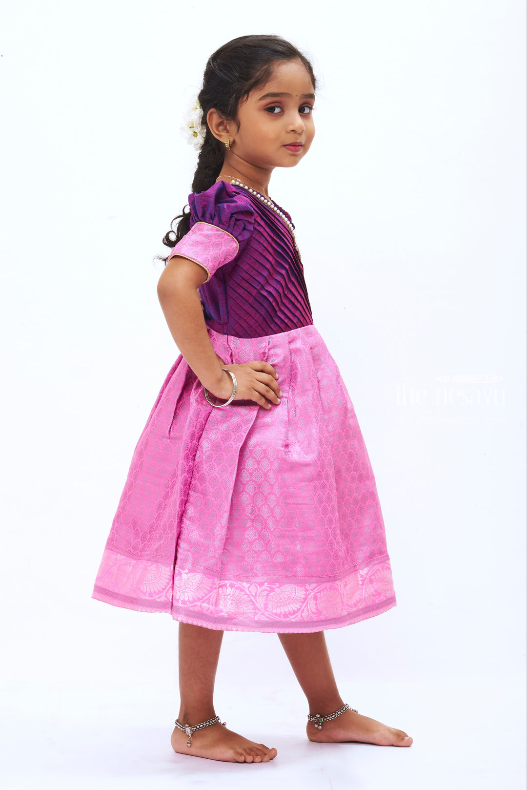 Girls Party Silk Frock in Vibrant Purple and Pink with Pearl Detailing