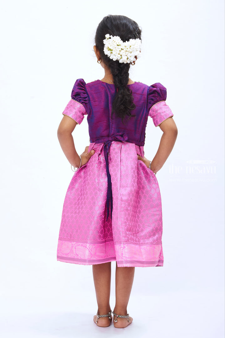 Girls Party Silk Frock in Vibrant Purple and Pink with Pearl Detailing