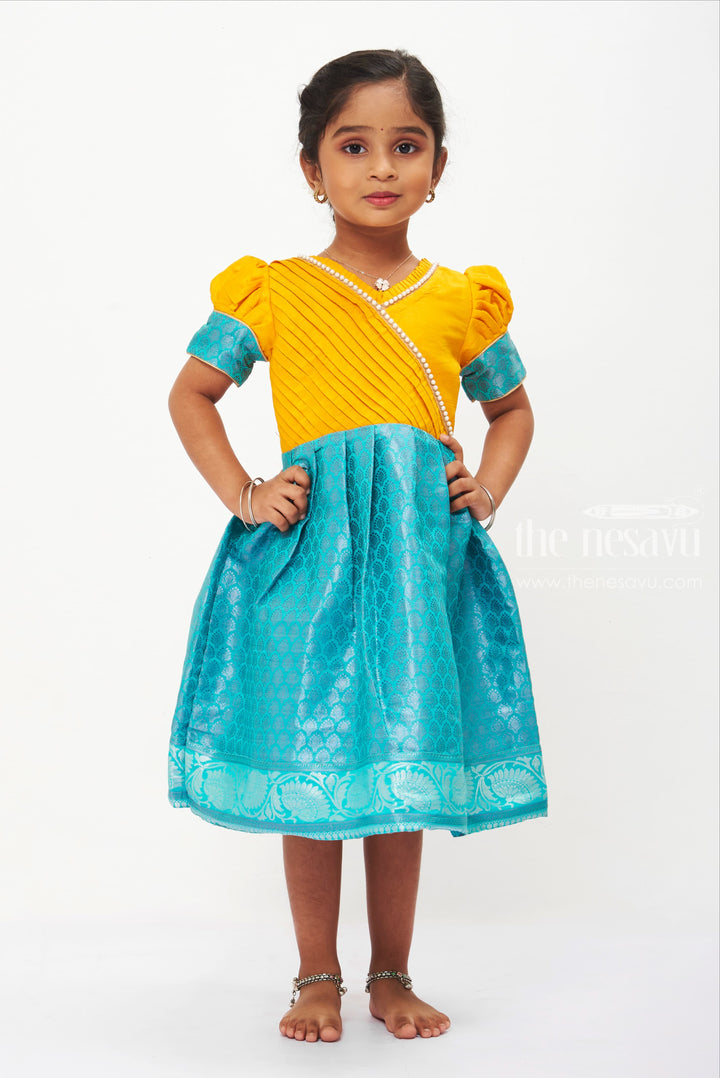 Vibrant Yellow and Blue Silk Frock for Girls with Pleated Bodice and Puff Sleeves