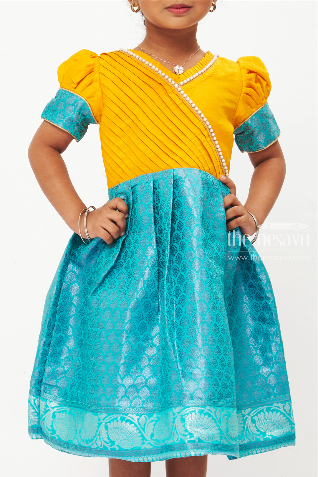 Vibrant Yellow and Blue Silk Frock for Girls with Pleated Bodice and Puff Sleeves