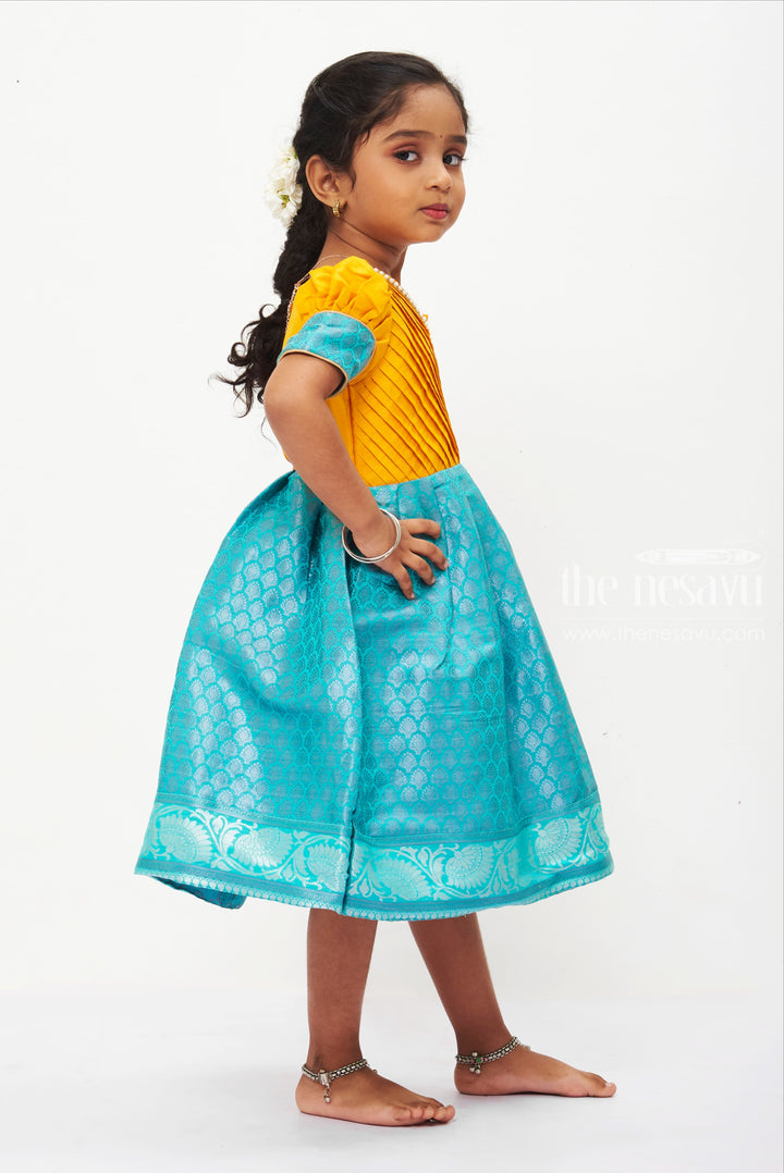 Vibrant Yellow and Blue Silk Frock for Girls with Pleated Bodice and Puff Sleeves