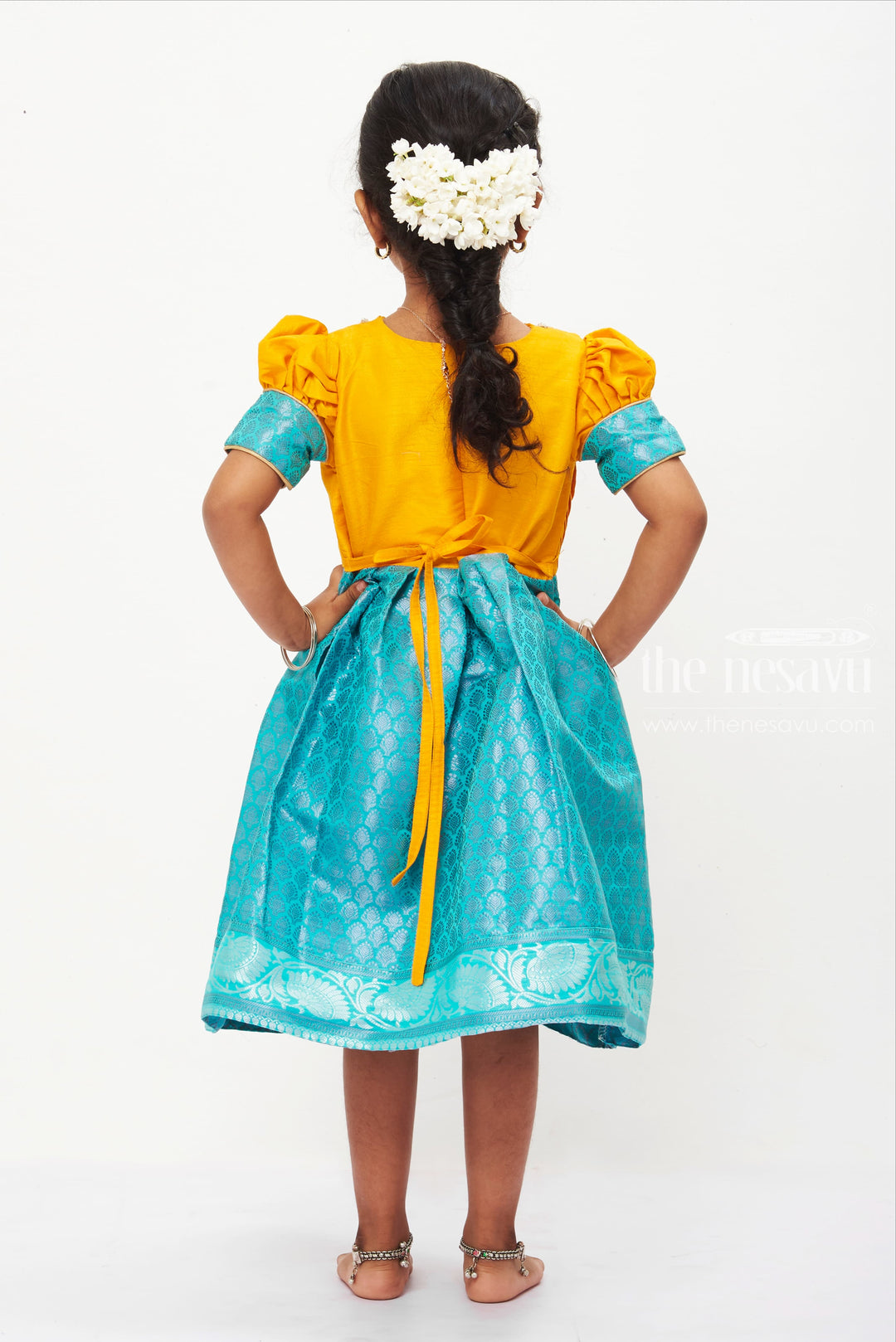 Vibrant Yellow and Blue Silk Frock for Girls with Pleated Bodice and Puff Sleeves