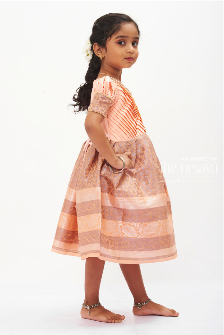 Peach Blossom Silk Frock with Traditional Banarasi Border for Girls