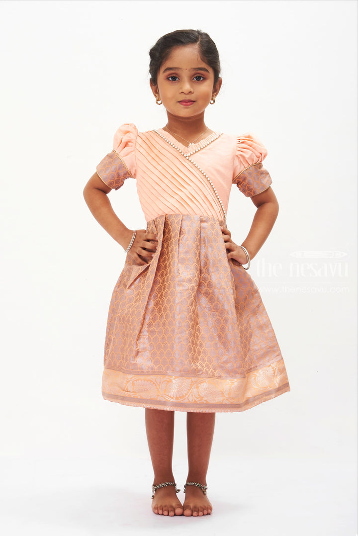 Peach Blossom Silk Frock with Traditional Banarasi Border for Girls