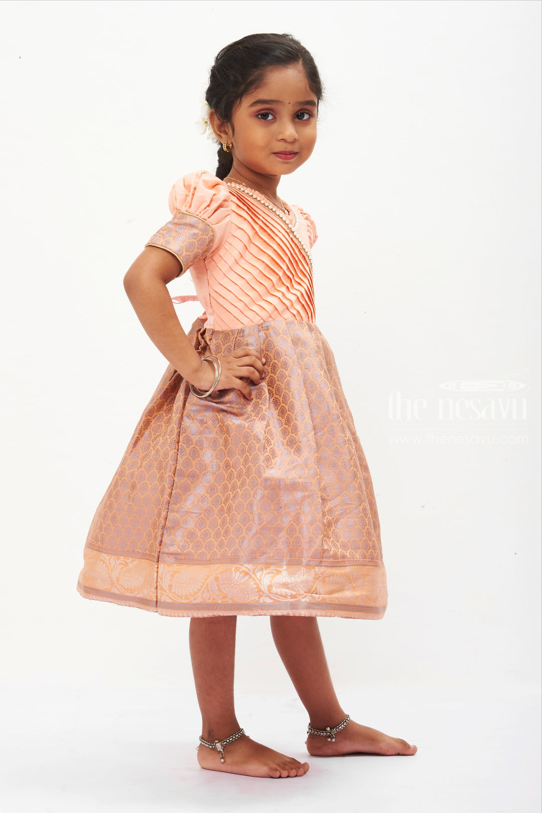 Peach Blossom Silk Frock with Traditional Banarasi Border for Girls