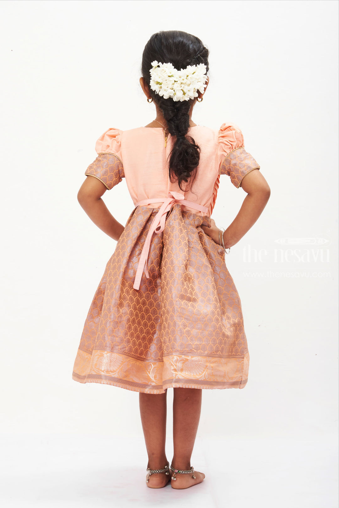 Peach Blossom Silk Frock with Traditional Banarasi Border for Girls