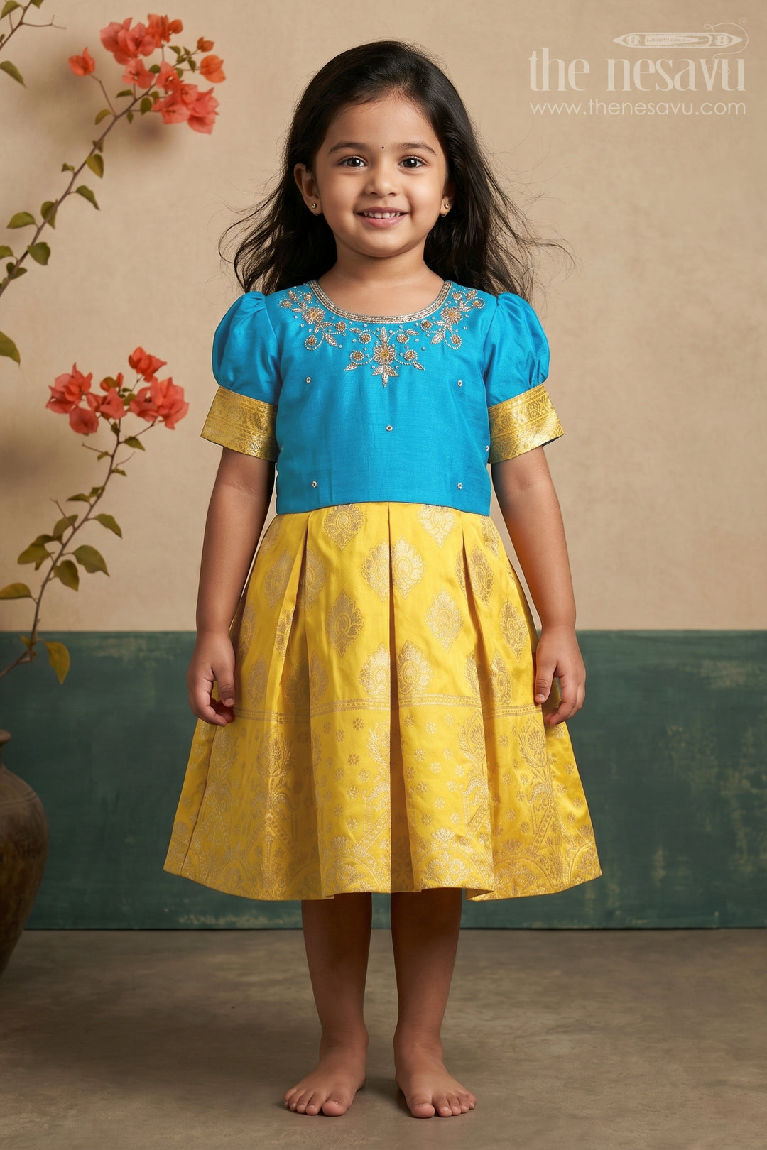 Royal Blue and Golden Yellow Zari Embroidered Silk Frockfestive Elegance for Girls