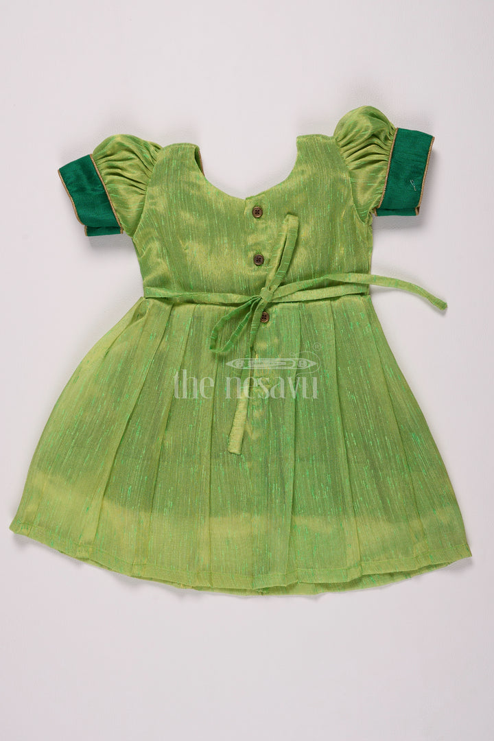 Traditional Light Green and Navy Pattu Long Frocks Designs for Girls in Silver Tissue