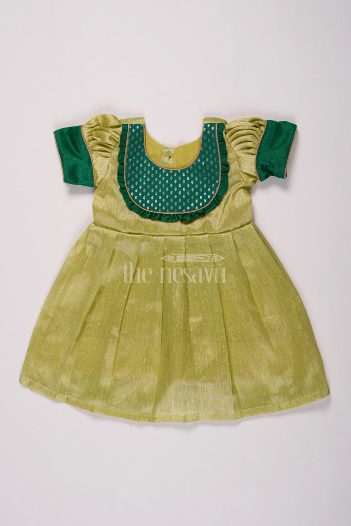 Elegant Light Green Frock Pattu for Girls with Silver Tissue and Golden Yoke