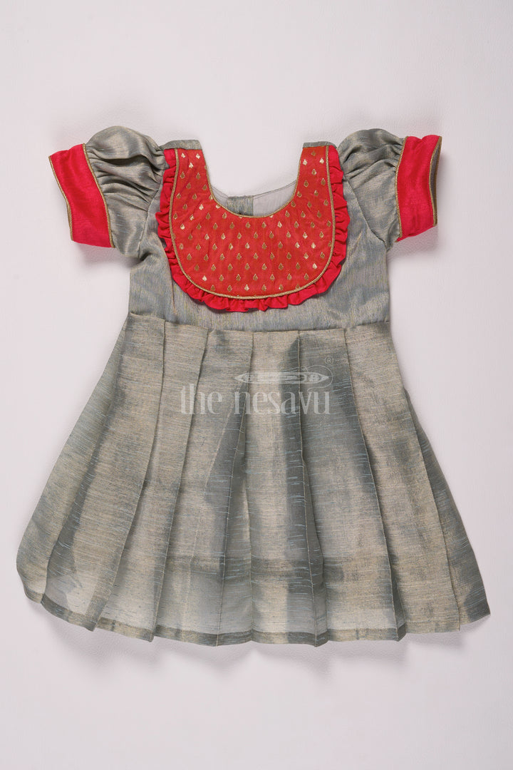 Adorable Grey and Red Pattu Pavadai Frock for Girls in Silver Tissue