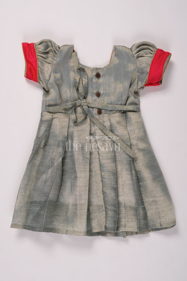 Adorable Grey and Red Pattu Pavadai Frock for Girls in Silver Tissue