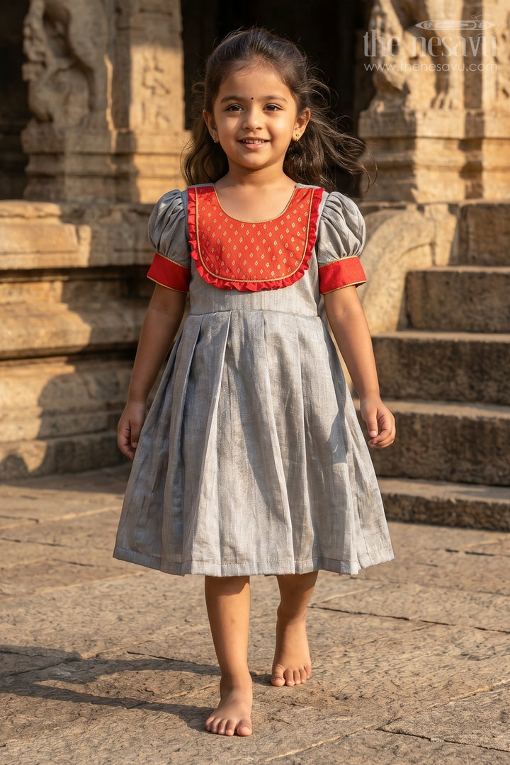 Classic Grey Silk Full Frock for Girls with Vibrant Red and Gold Accents