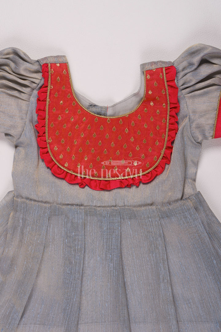 Classic Grey Silk Full Frock for Girls with Vibrant Red and Gold Accents