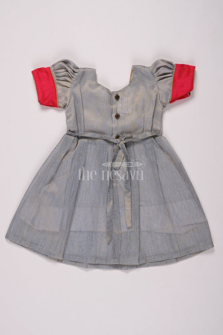 Classic Grey Silk Full Frock for Girls with Vibrant Red and Gold Accents