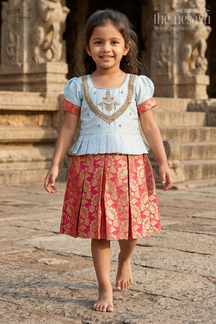 Girls Silk Frock in Light Blue with Banarasi Red Pleated Skirt Featuring Traditional Frock Design in Silk