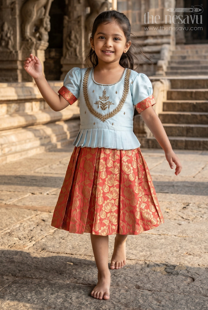 Girls Blue and Red Silk Frock with Embroidery and Golden Floral Pleats in New Model Pattu Frock Style