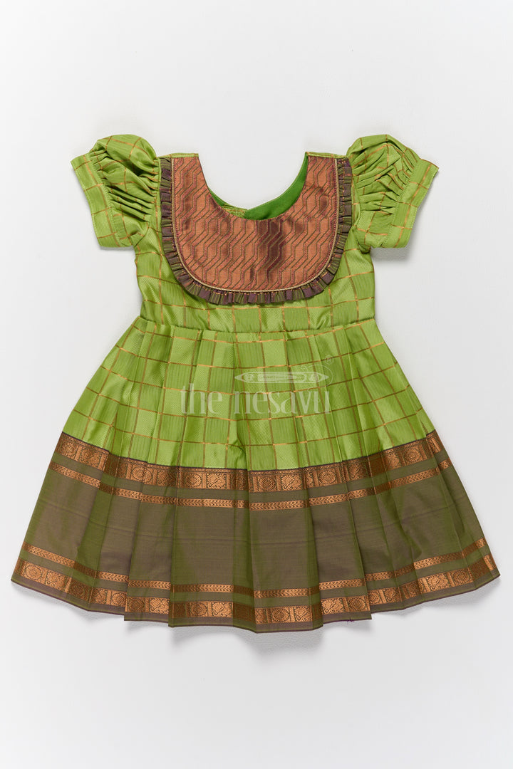 Vibrant Green Pattu Long Frock for Girls with Golden Checkered Pattern and Ruffled Yoke