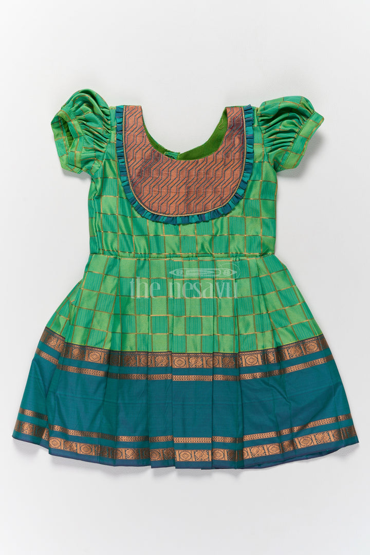 Vibrant Green Pattu Long Frock for Girls with Golden Checkered Pattern and Ruffled Yoke