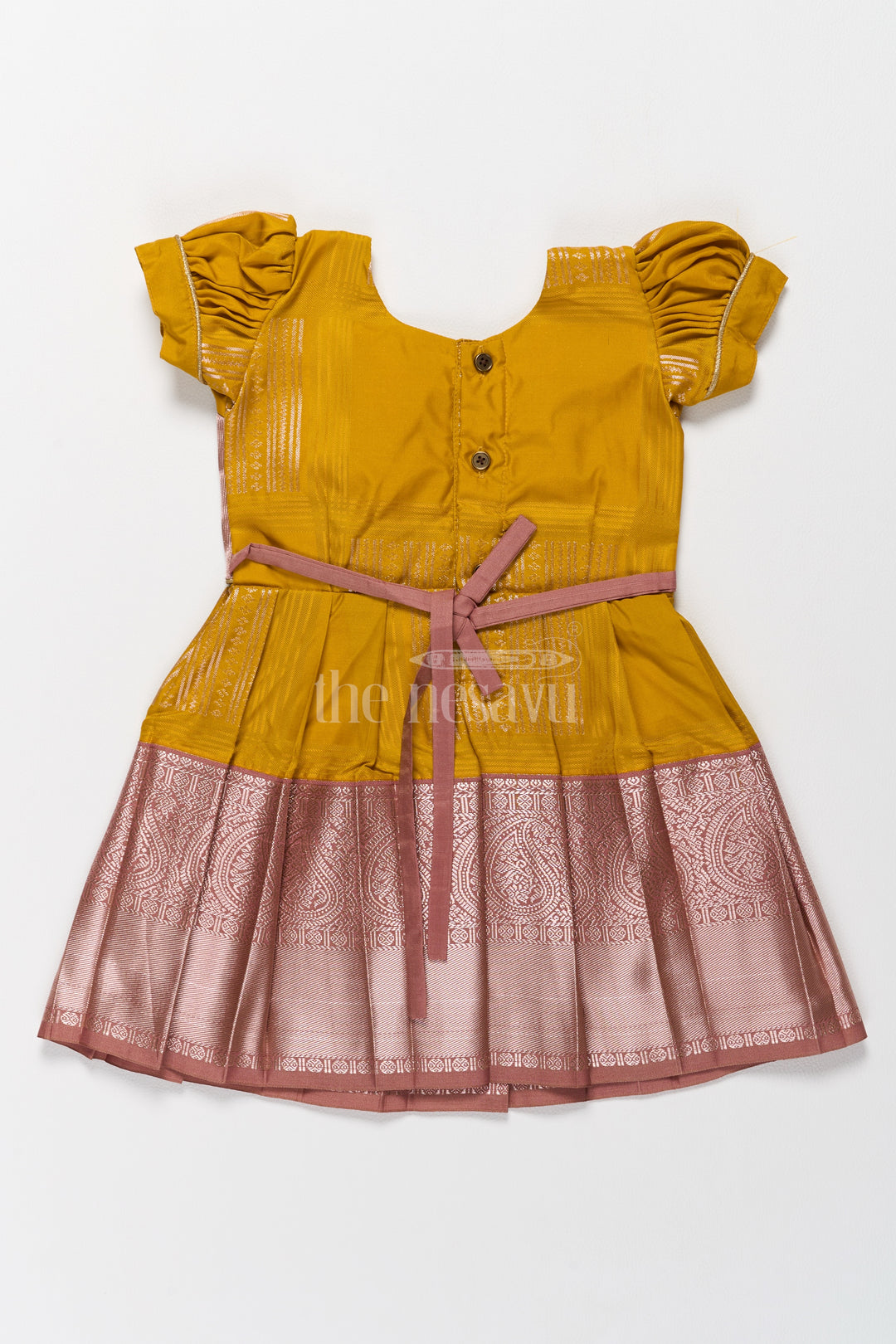 Charming Yellow and Brown Girls Kanchi Silk Frock with Traditional Brocade for Pongal