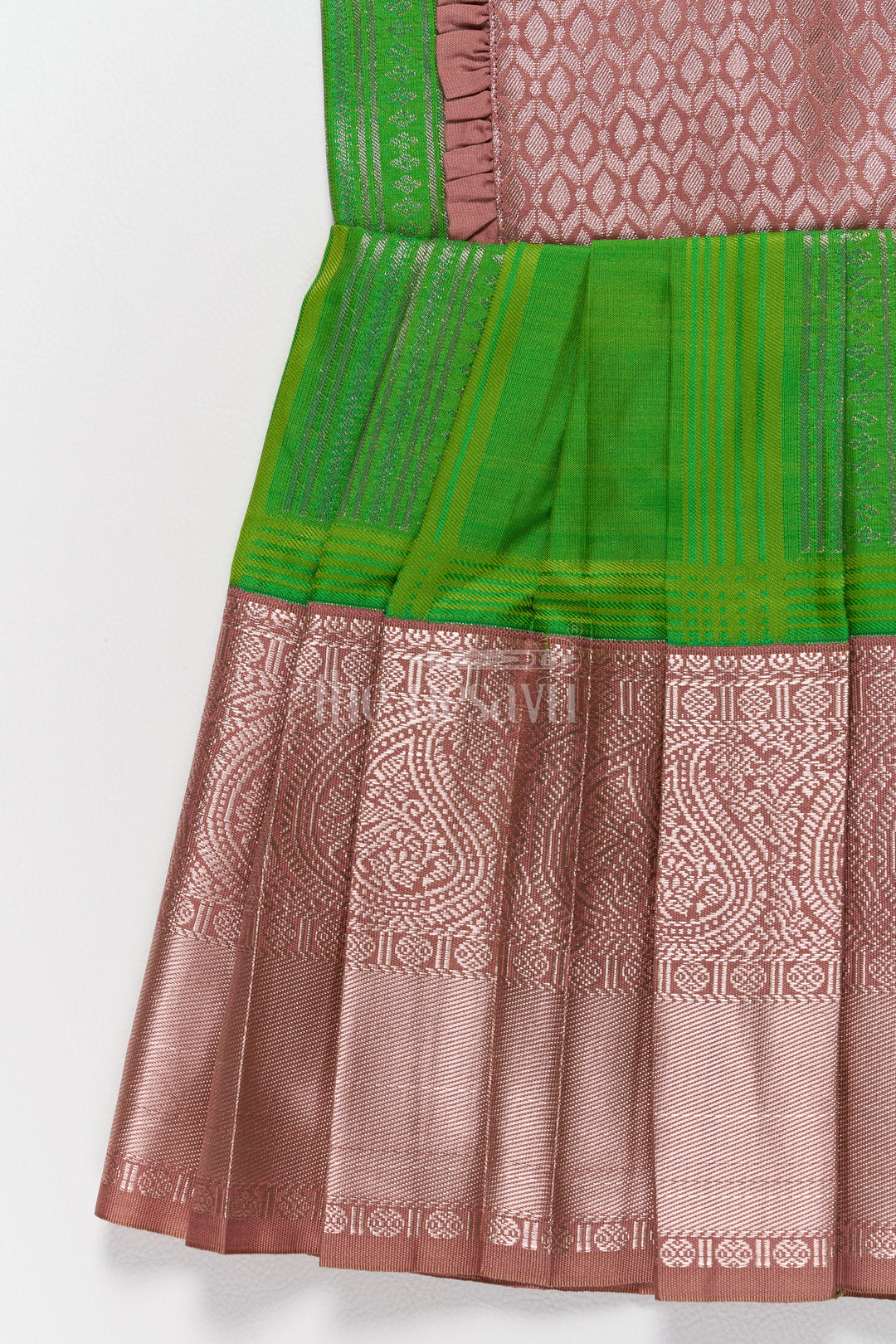 Stunning Green and Bronze Traditional Pattu Long Frock for Girls in Blend Silk