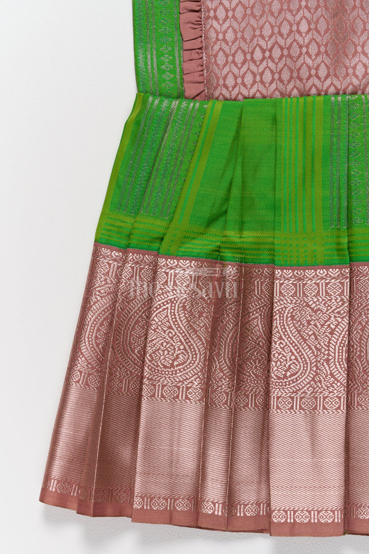 Stunning Green and Bronze Traditional Pattu Long Frock for Girls in Blend Silk