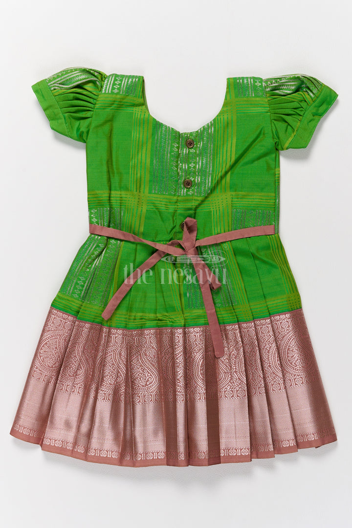 Stunning Green and Bronze Traditional Pattu Long Frock for Girls in Blend Silk