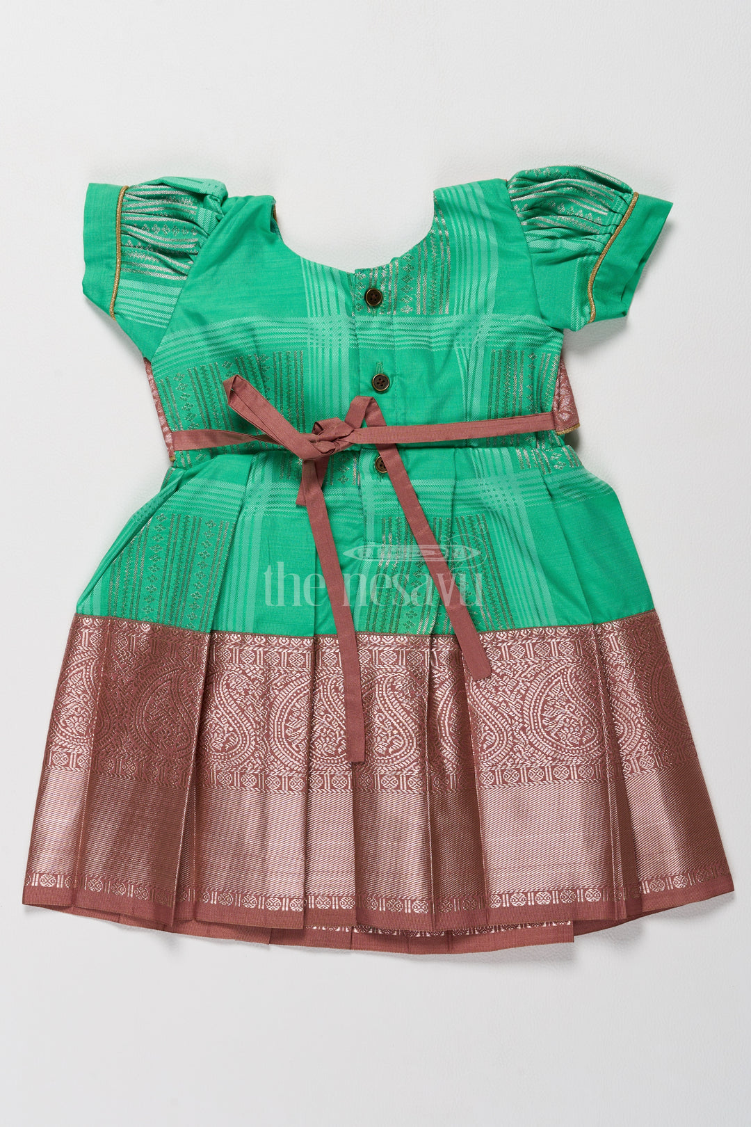 Green and Bronze Pattu Pavadai Frock Model for Girls with Golden Lace