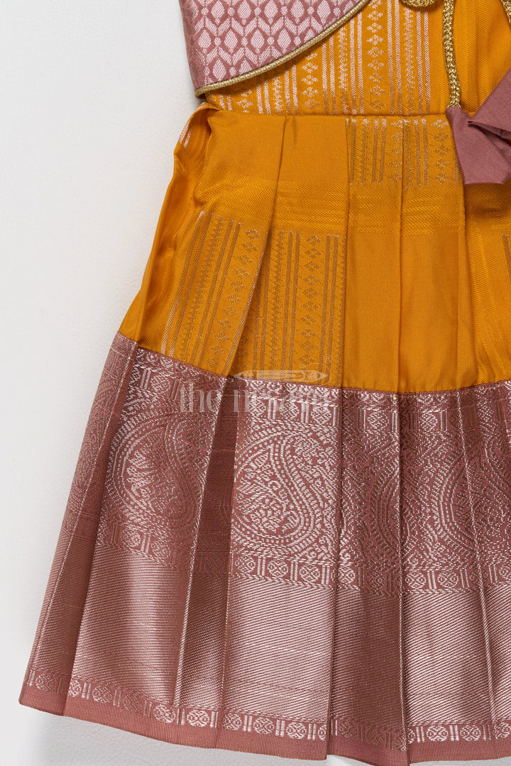 Vibrant Yellow and Bronze Long Frock Pattu Designs for Girls in Blend Silk