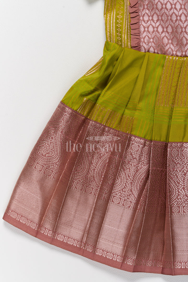 Stunning Green and Bronze Long Frock Design Pattu for Girls in Blend Silk