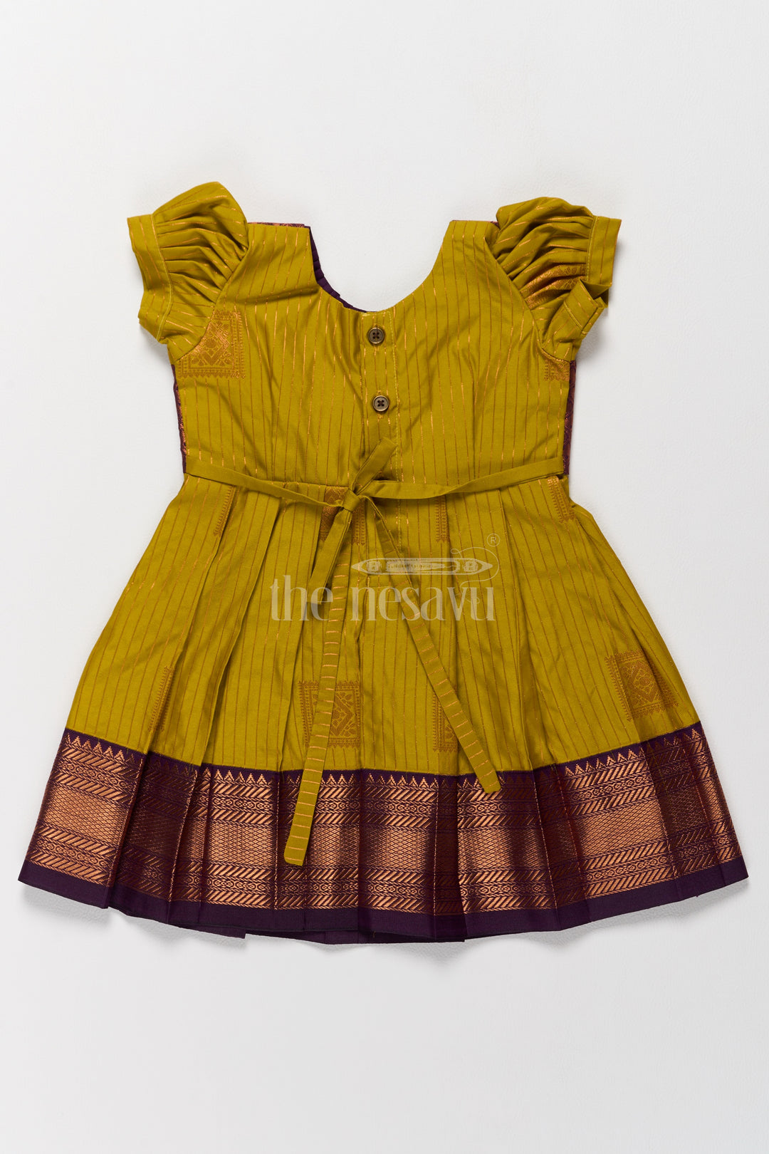 Traditional Long Pattu Frock for Girls with Contrasting Zari Details and Puff Sleeves