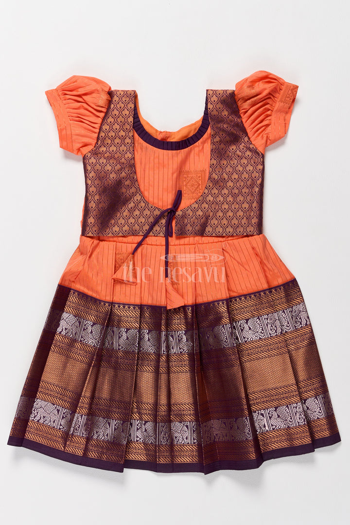 Vibrant Orange Girls Kanchi Simple Silk Frock with Intricate Gold Zari Borders