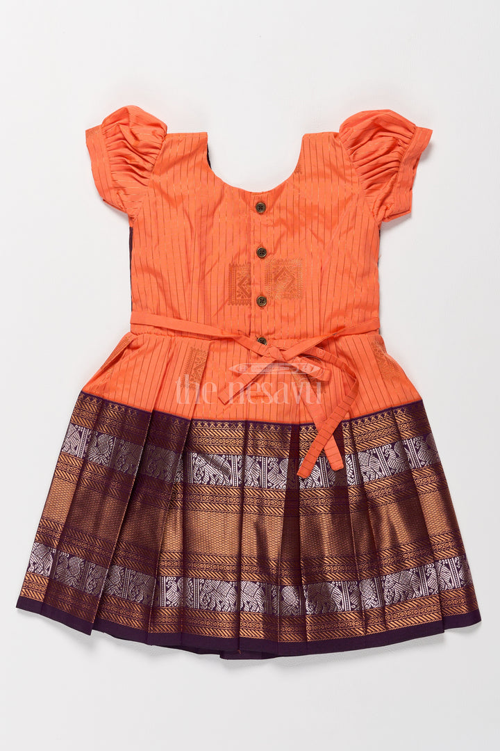 Vibrant Orange Girls Kanchi Simple Silk Frock with Intricate Gold Zari Borders