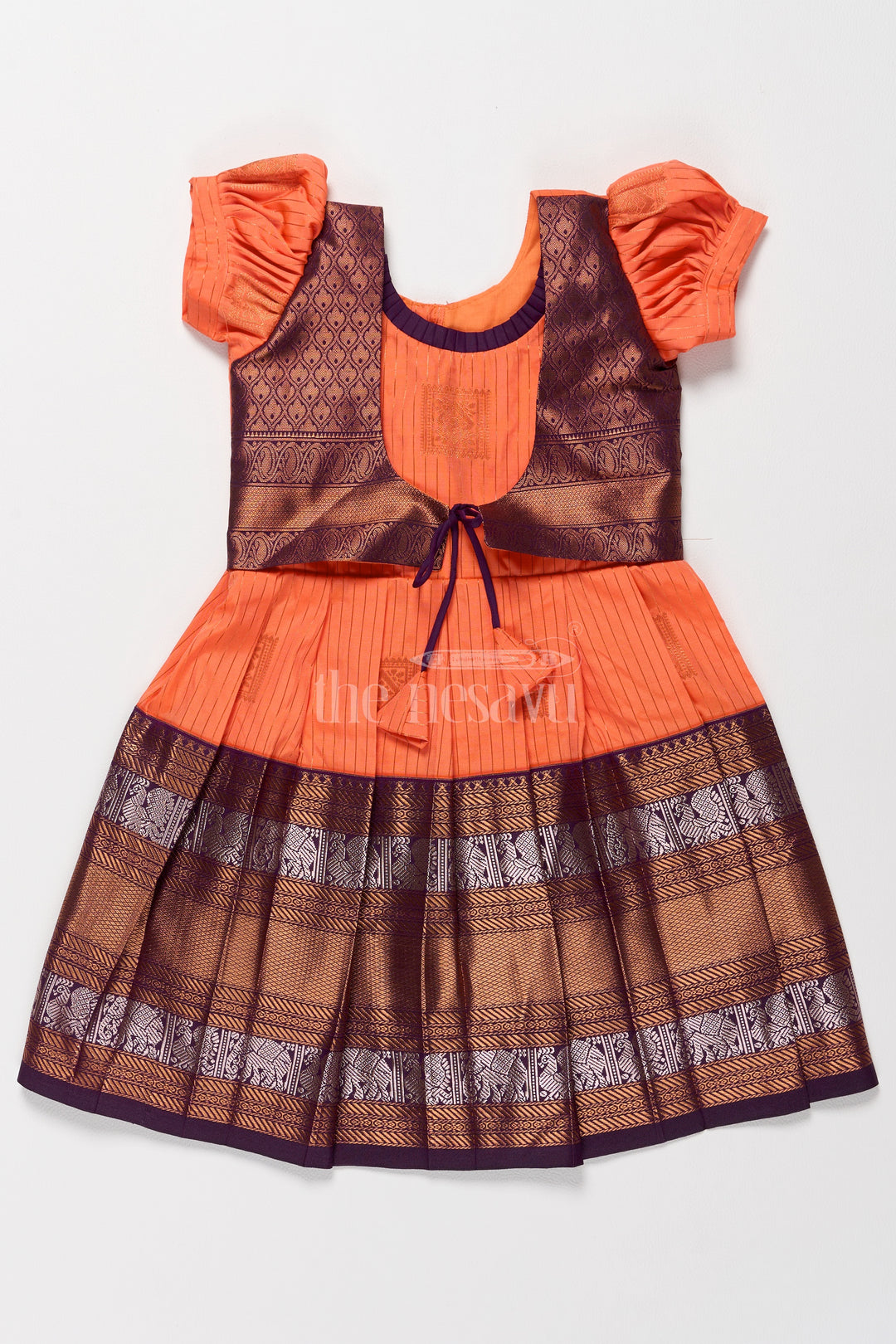 Vibrant Orange Girls Kanchi Simple Silk Frock with Intricate Gold Zari Borders