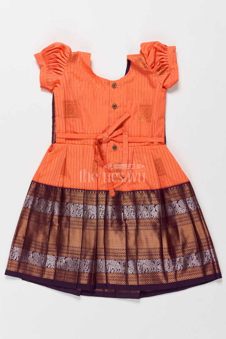 Vibrant Orange Girls Kanchi Simple Silk Frock with Intricate Gold Zari Borders